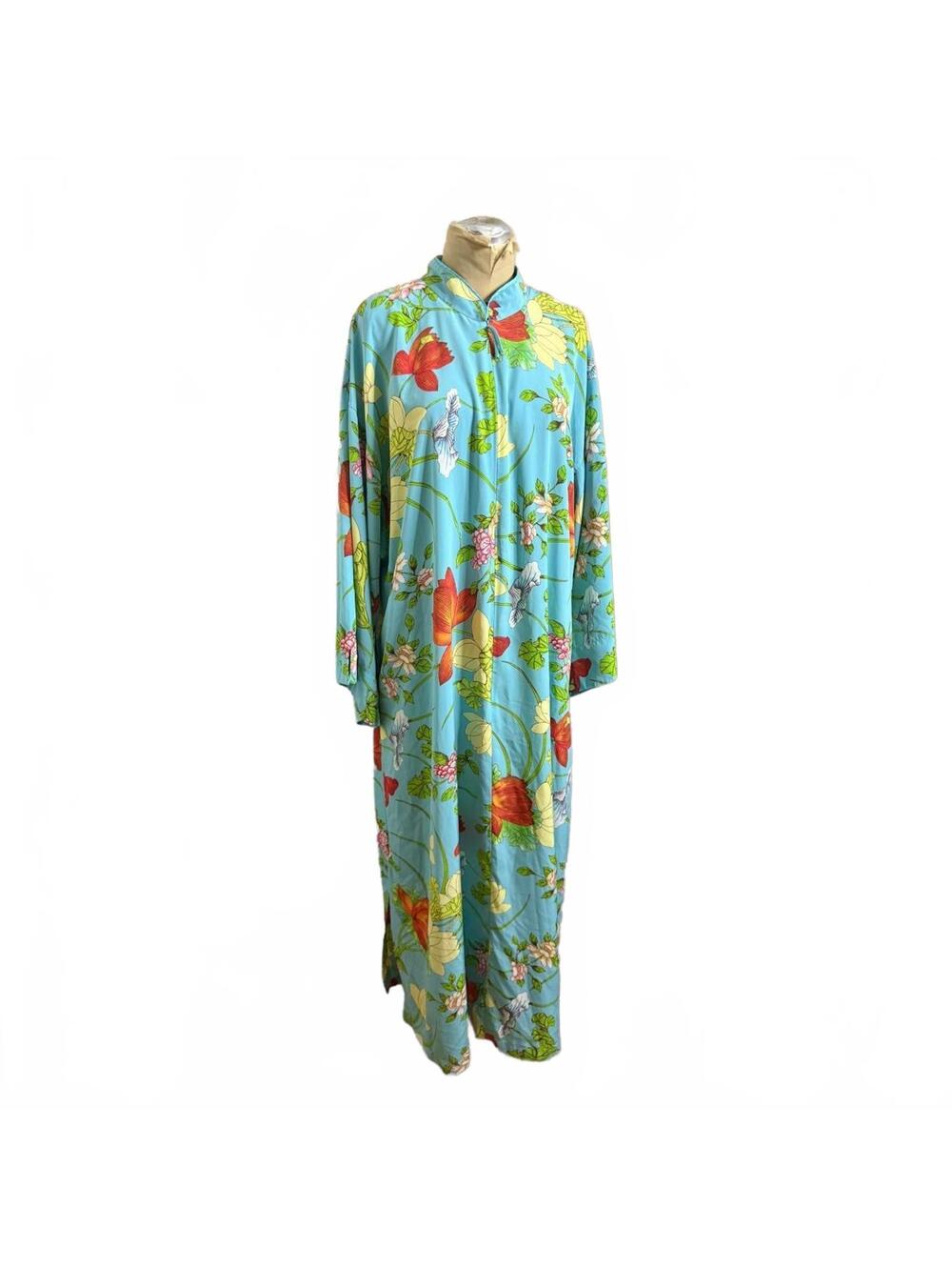 Natori Blue Green Floral Kaftan/Kimono Maxi Dress